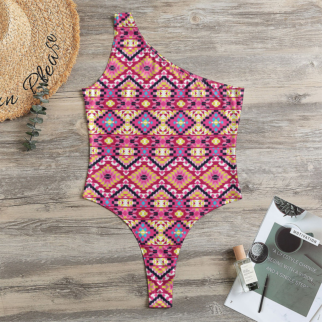 Pink Aztec Geometric Pattern Print One Shoulder Bodysuit