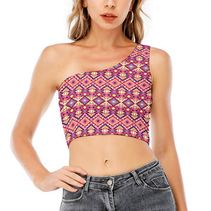 Pink Aztec Geometric Pattern Print One Shoulder Crop Top