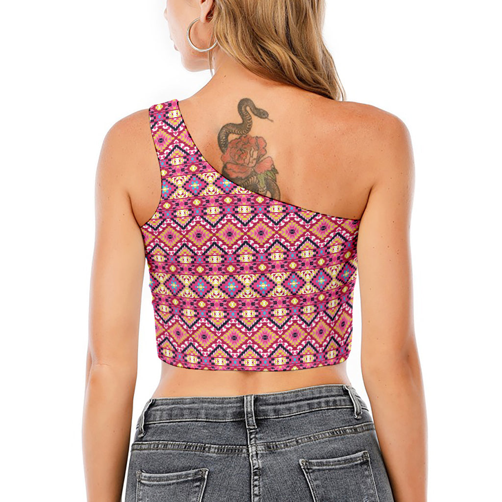 Pink Aztec Geometric Pattern Print One Shoulder Crop Top