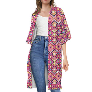 Pink Aztec Geometric Pattern Print Open Front Beach Cover Up