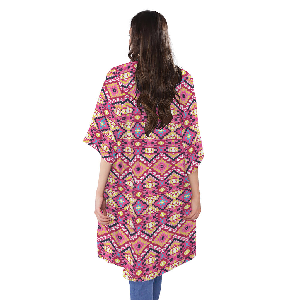 Pink Aztec Geometric Pattern Print Open Front Beach Cover Up