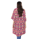 Pink Aztec Geometric Pattern Print Open Front Beach Cover Up