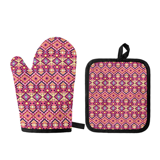 Pink Aztec Geometric Pattern Print Oven Mitt And Pot Holder Set