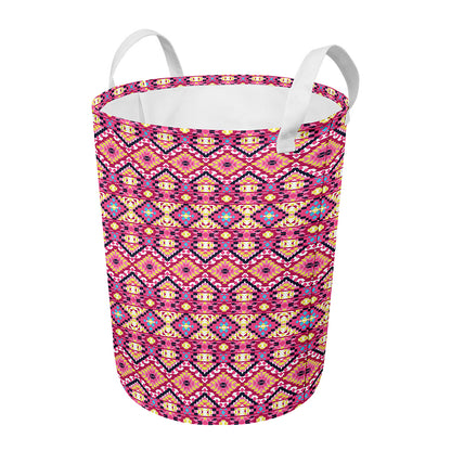 Pink Aztec Geometric Pattern Print Round Laundry Basket