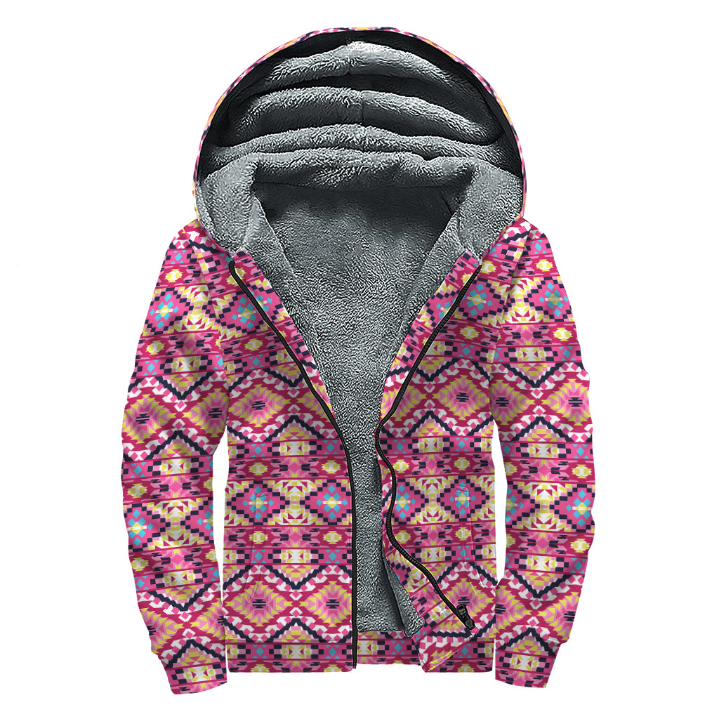 Pink Aztec Geometric Pattern Print Sherpa Lined Zip Up Hoodie