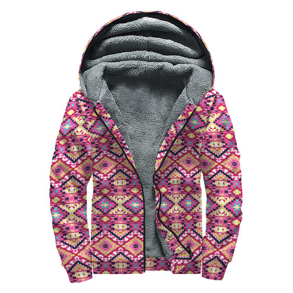 Pink Aztec Geometric Pattern Print Sherpa Lined Zip Up Hoodie
