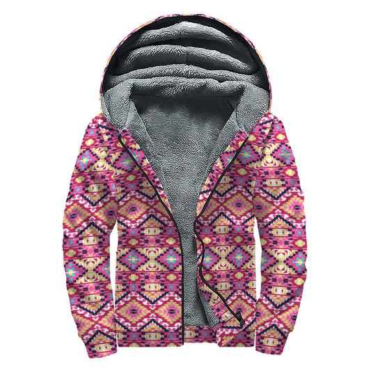 Pink Aztec Geometric Pattern Print Sherpa Lined Zip Up Hoodie