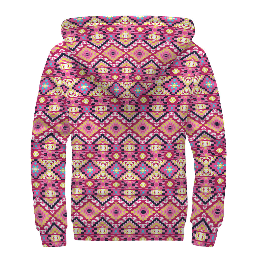 Pink Aztec Geometric Pattern Print Sherpa Lined Zip Up Hoodie