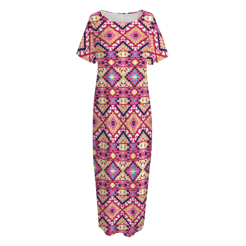 Pink Aztec Geometric Pattern Print Short Sleeve Long Nightdress