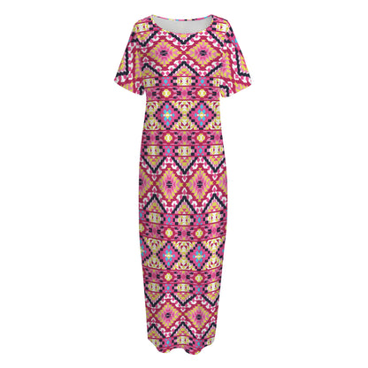 Pink Aztec Geometric Pattern Print Short Sleeve Long Nightdress