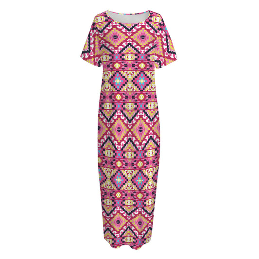 Pink Aztec Geometric Pattern Print Short Sleeve Long Nightdress
