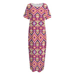Pink Aztec Geometric Pattern Print Short Sleeve Long Nightdress