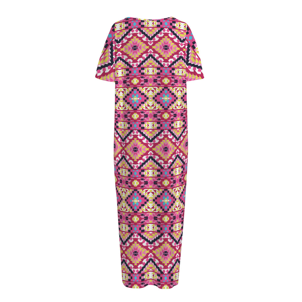 Pink Aztec Geometric Pattern Print Short Sleeve Long Nightdress