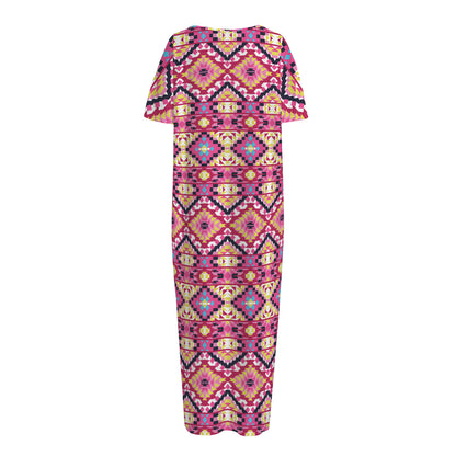 Pink Aztec Geometric Pattern Print Short Sleeve Long Nightdress