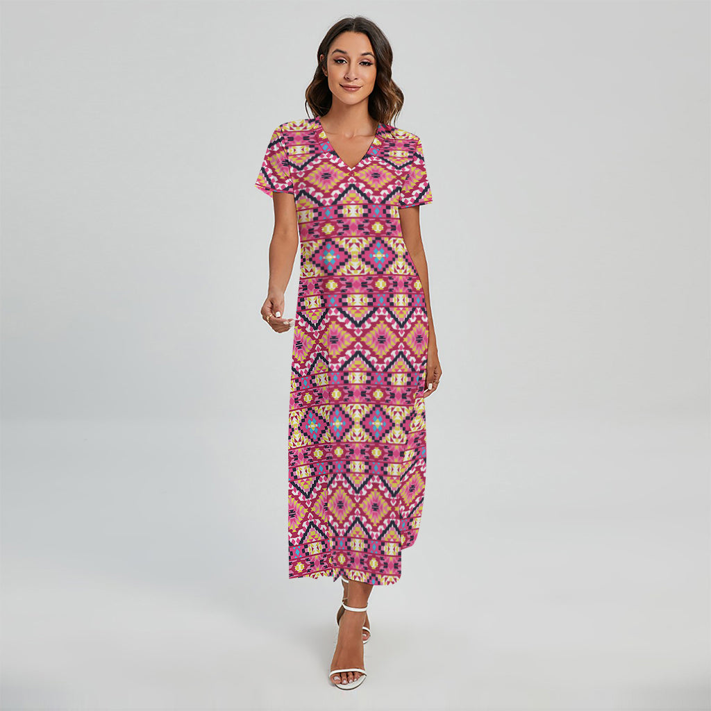 Pink Aztec Geometric Pattern Print Short Sleeve Maxi Dress