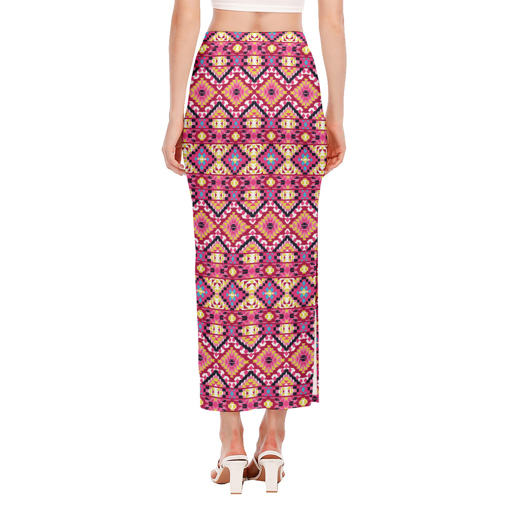 Pink Aztec Geometric Pattern Print Side Slit Maxi Skirt