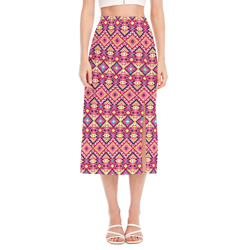 Pink Aztec Geometric Pattern Print Side Slit Midi Skirt