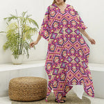 Pink Aztec Geometric Pattern Print Silk V-Neck Kaftan Dress