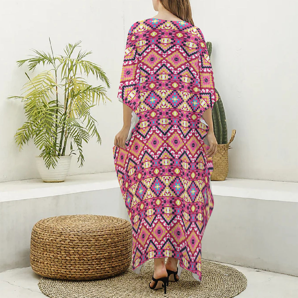 Pink Aztec Geometric Pattern Print Silk V-Neck Kaftan Dress