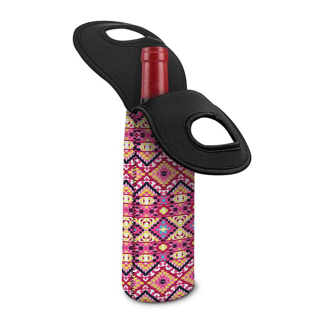 Pink Aztec Geometric Pattern Print Single Neoprene Wine Tote