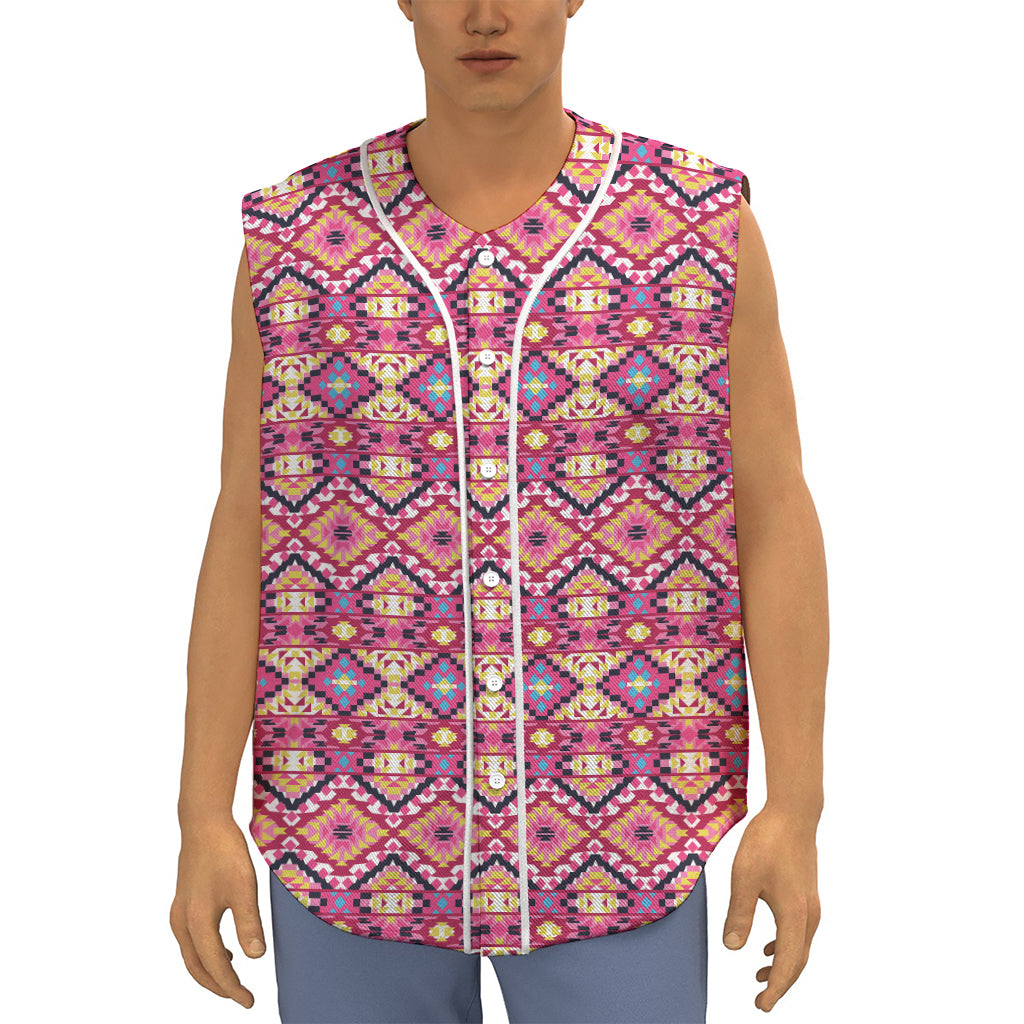 Pink Aztec Geometric Pattern Print Sleeveless Baseball Jersey