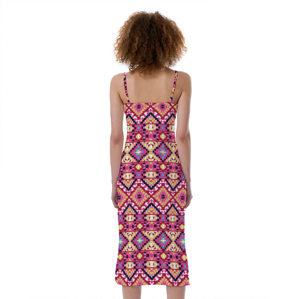 Pink Aztec Geometric Pattern Print Slim Fit Midi Cami Dress