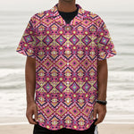 Pink Aztec Geometric Pattern Print Textured Short Sleeve Shirt
