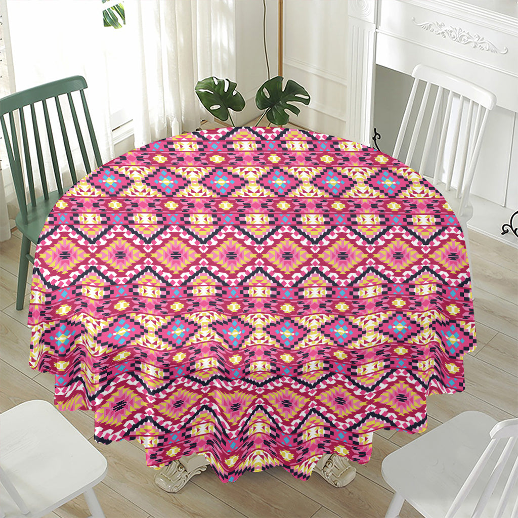 Pink Aztec Geometric Pattern Print Waterproof Round Tablecloth