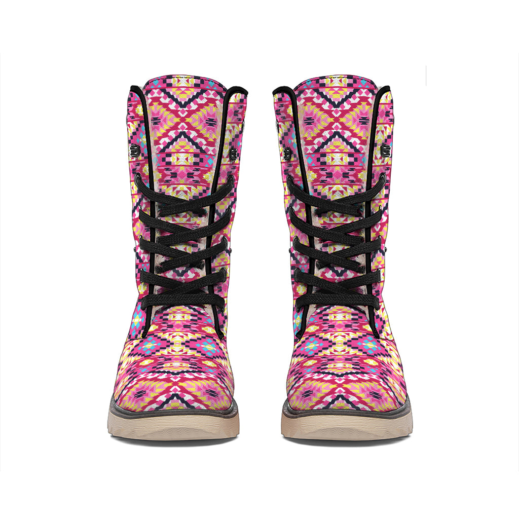 Pink Aztec Geometric Pattern Print Winter Boots