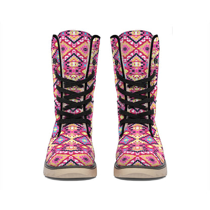 Pink Aztec Geometric Pattern Print Winter Boots