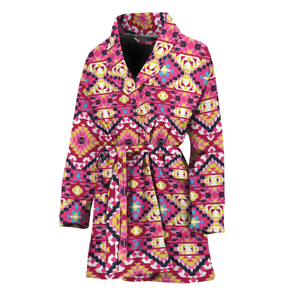 Pink Aztec Geometric Pattern Print Women's Bathrobe