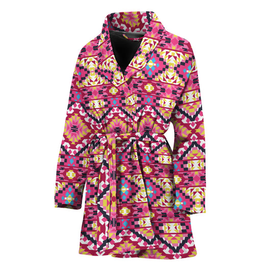 Pink Aztec Geometric Pattern Print Women's Bathrobe