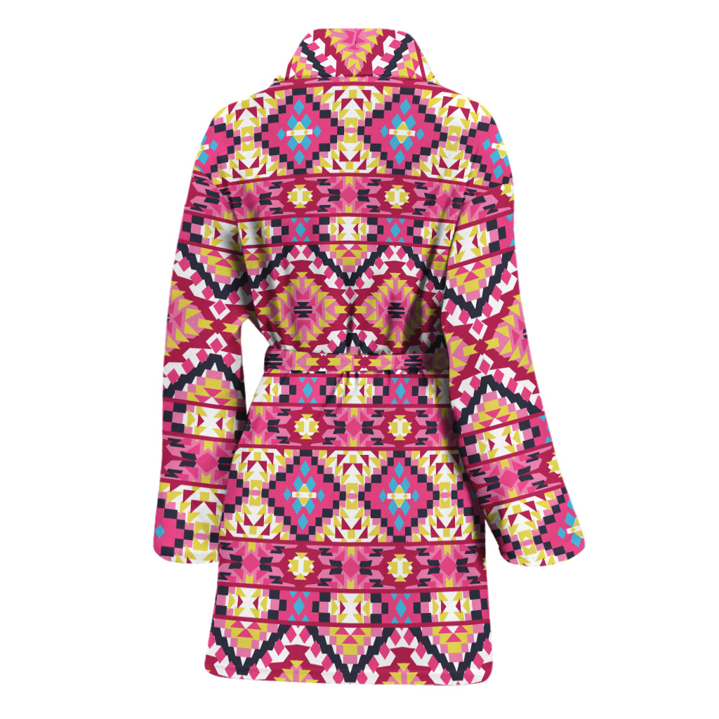 Pink Aztec Geometric Pattern Print Women's Bathrobe