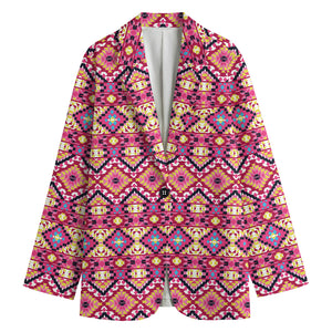 Pink Aztec Geometric Pattern Print Women's Cotton Blazer