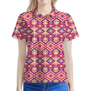 Pink Aztec Geometric Pattern Print Women's Polo Shirt