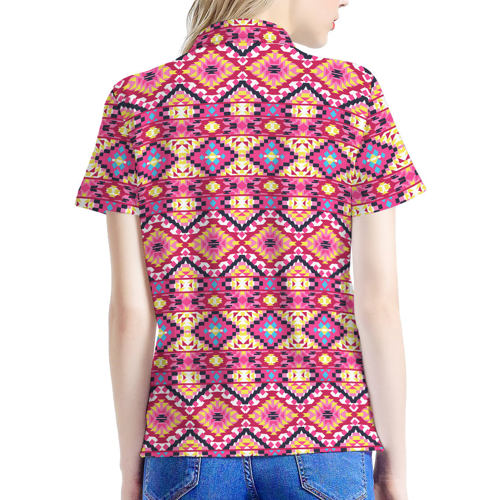 Pink Aztec Geometric Pattern Print Women's Polo Shirt