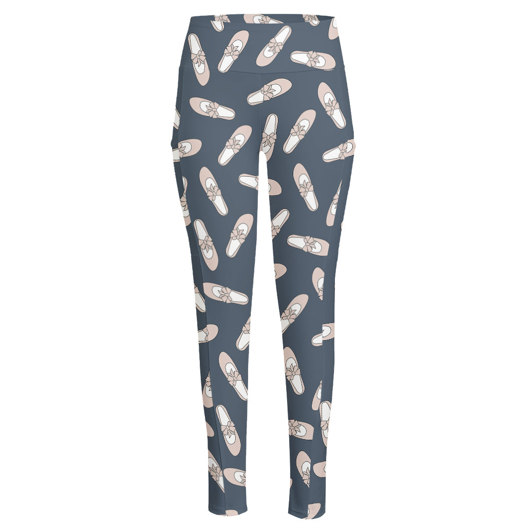 Pink Ballet Shoes Pattern Print High-Waisted Pocket Leggings