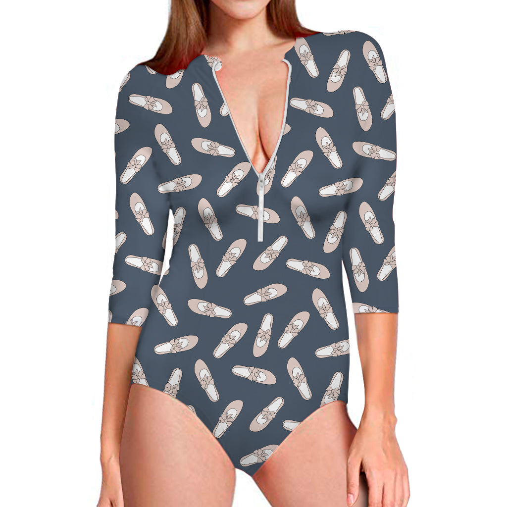 Pink Ballet Shoes Pattern Print Long Sleeve Swimsuit