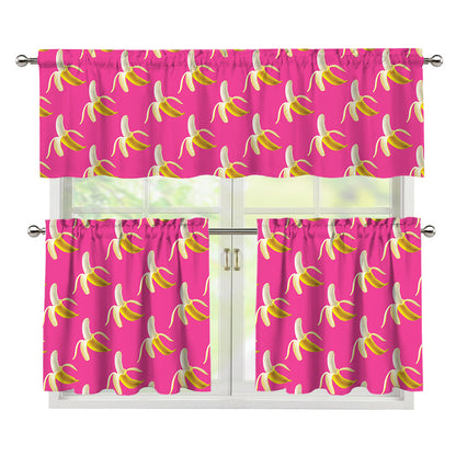 Pink Banana Pattern Print 3 Piece Kitchen Curtains