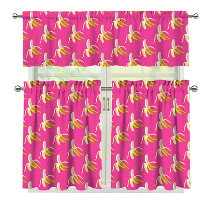 Pink Banana Pattern Print 3 Piece Kitchen Curtains