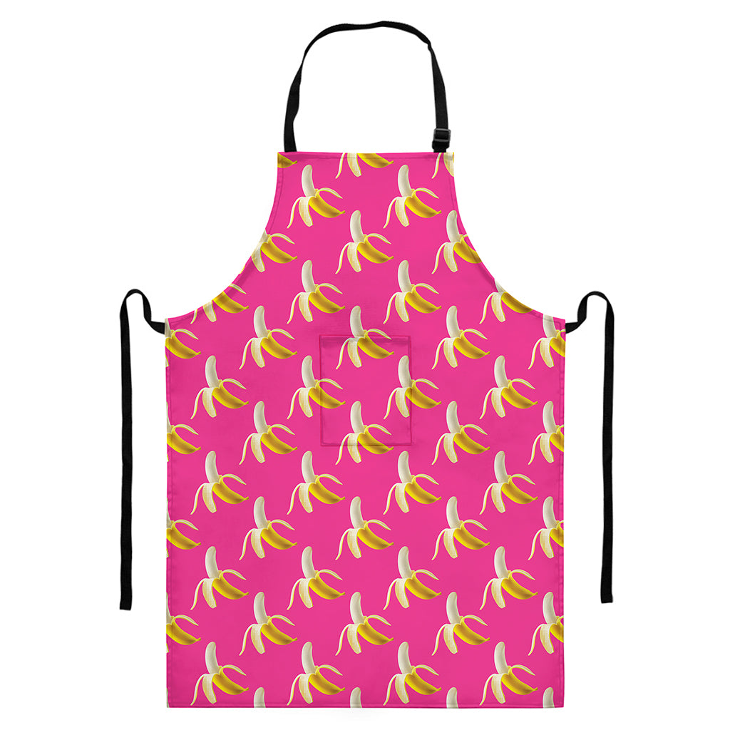 Pink Banana Pattern Print Bib Apron With Pocket