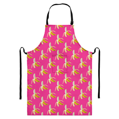 Pink Banana Pattern Print Bib Apron With Pocket