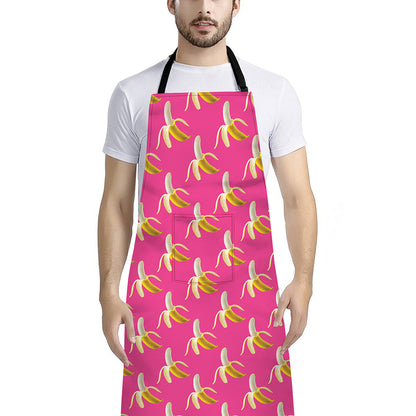 Pink Banana Pattern Print Bib Apron With Pocket