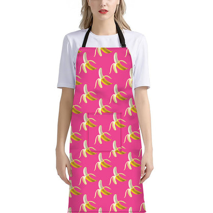 Pink Banana Pattern Print Bib Apron With Pocket