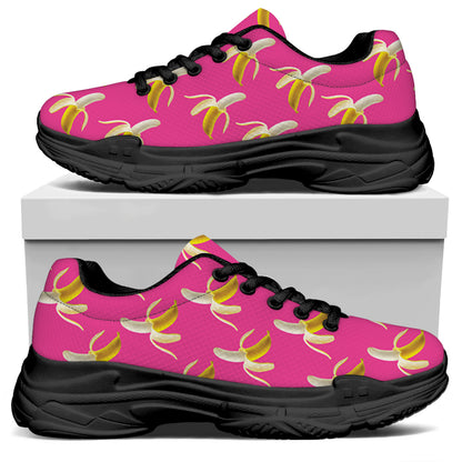 Pink Banana Pattern Print Black Chunky Shoes