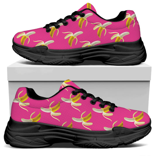 Pink Banana Pattern Print Black Chunky Shoes