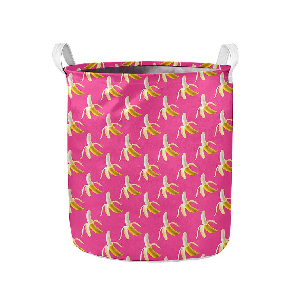 Pink Banana Pattern Print Collapsible Laundry Basket