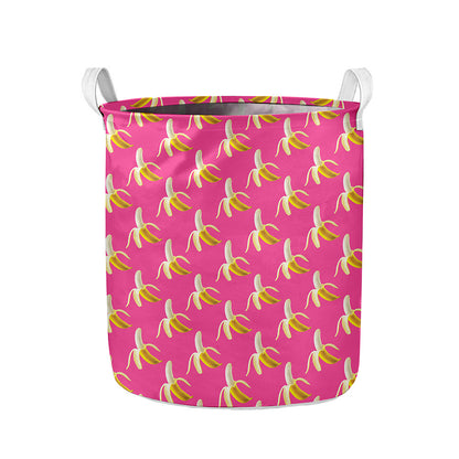 Pink Banana Pattern Print Collapsible Laundry Basket