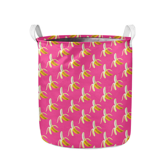 Pink Banana Pattern Print Collapsible Laundry Basket