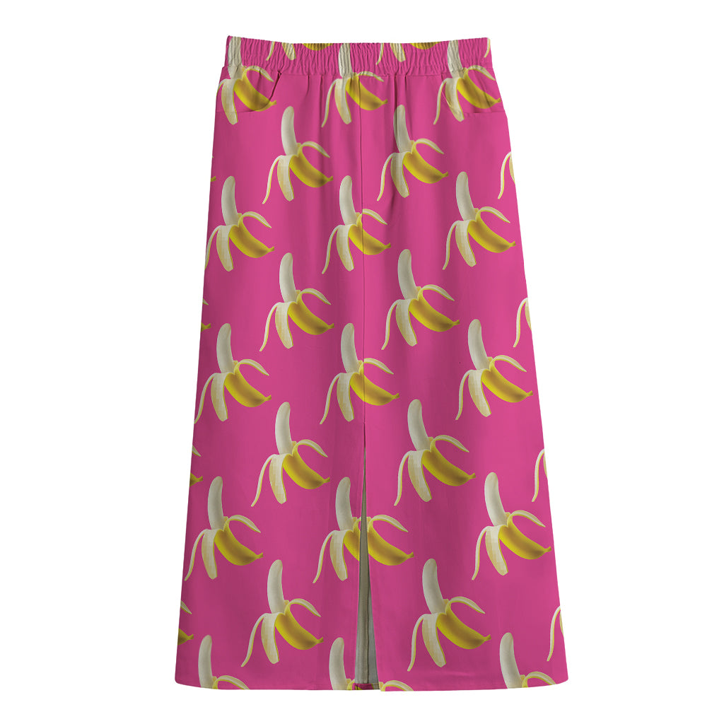Pink Banana Pattern Print Cotton Front Slit Maxi Skirt